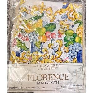 VTG Ornate Colorful Fruit Tablecloth Chinese Art Linen Florence 52x70 Oblong NOS